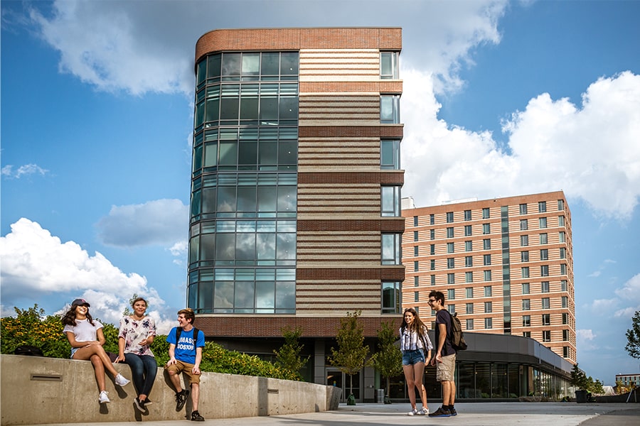 View of students outside residence halls.