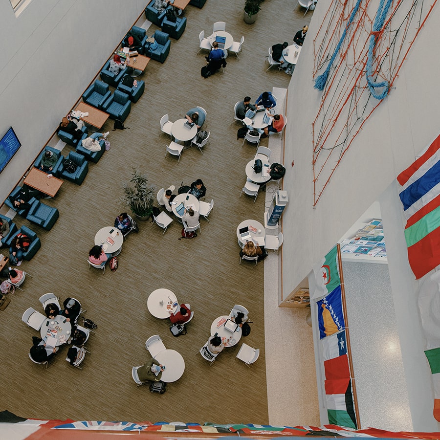 view of students below from second floor Campus Center