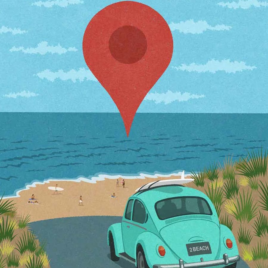 Digital graphic of a volkswagan VW at beach with Google map marker icon floating overhead.
