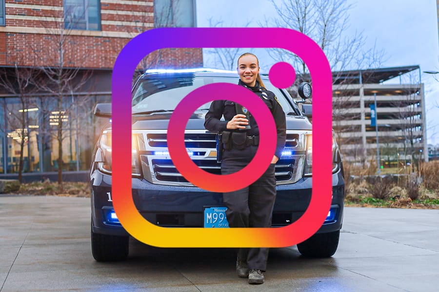 Instagram logo over photo of a police officer posing by cruiser.