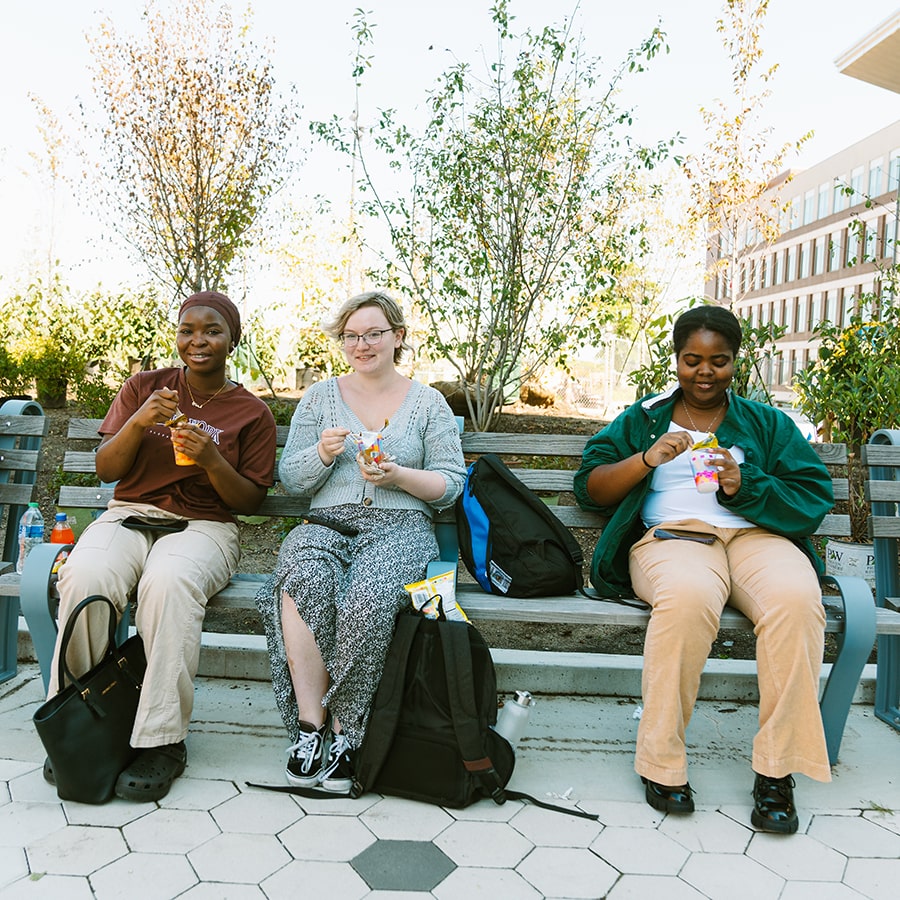 students sit on benches in quad eating treats