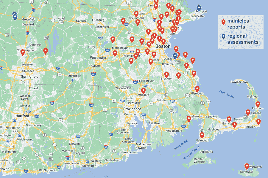 screenshot of a google map of Massachusetts with many markers clustered eastern half.