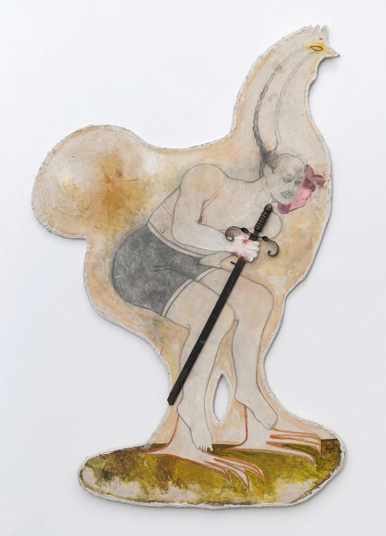 Sculptural Painting by artist Amy Bravo entitled Trojan Rooster depicting a figure holding a sword hidden inside a large rooster