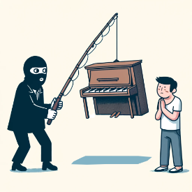 An illustration depicting advanced fee fraud, featuring a bandit holding a fishing rod with a hook dangling various valuable items such as a phone,