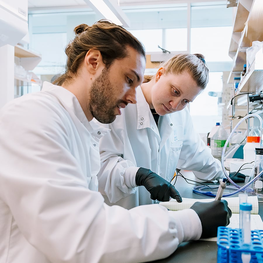 2 researchers in lab coats and gloves work in the wet labs at UMass Boston.